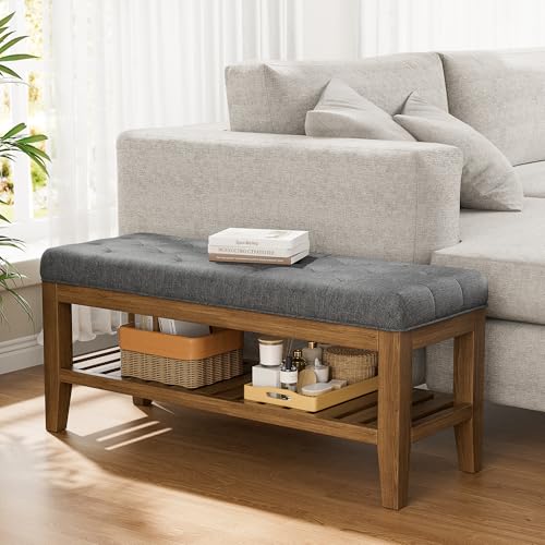 YaFiti End of Bed Storage Bench, 42.9" Entryway Shoe Bench with Solid Wood Shelf, Upholstered Ottoman with Padded Seat for Bedroom, Hallway and Lining Room, Dark Gray - color: Dark Gray
