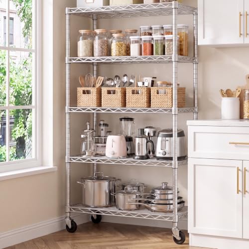 PrimeZone 75" H Wire Shelving 5 Tier Slim Steel Storage Metal Shelves with Wheels,Adjustable Kitchen Utility Shelving Unit,Pantry Rack Rolling Metal Shelf Chrome 24" Wx18 Dx75 H - size: 24" W x 18" D x 75" H