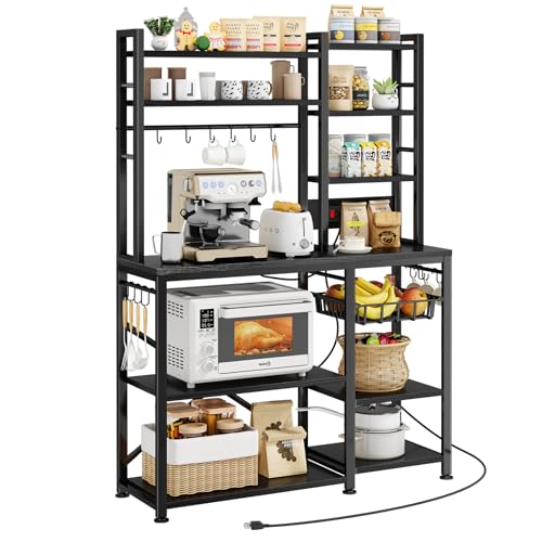 SNTD 6-Tier Bakers Rack with Power Outlets, 36 x 14.6 x 72 in, Rustic Black | Large Capacity for Small Appliances, Stable Metal Frame with Wood Shelves, Pull-Out Basket, 14 Hooks - color: Rustic Black