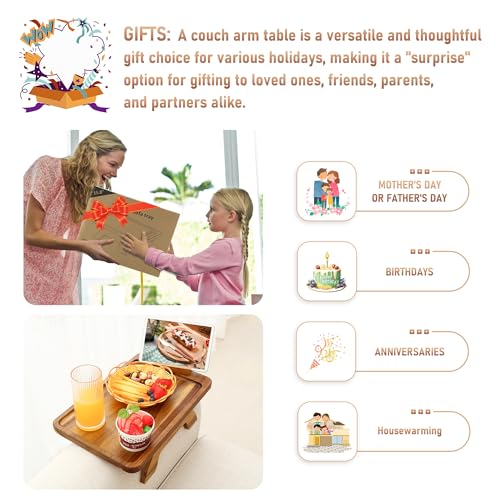 SINWANT Couch Arm Tray, Acacia Wood Sofa Arm Rest Table Clip on Wide Armrest,Folding Anti Slip Couch Armrest Table with 360° Rotating Phone Holder for Snacks,Drinks,Remotes - color: Acacia Wood