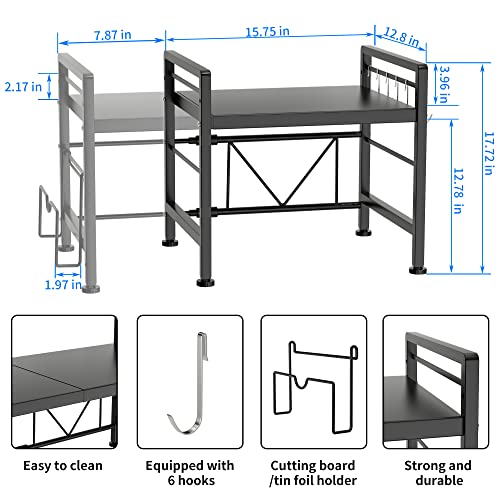 YIUKEA Extendable Microwave Oven Rack - Adjustable Kitchen counter shelf, 2 Tier Microwave Stand (L15.7~23.6" xW12.8 xH17.7) with 6 Hooks for Kitchen Countertop Organizer (Black) - color: Black