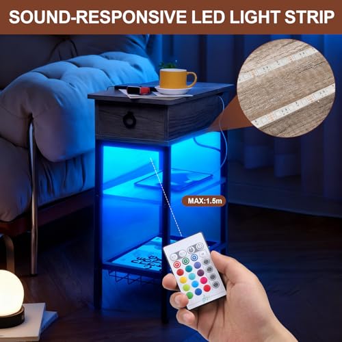Small Grey Side Table Charging Station with LED Light, Narrow Grey Living Room End Tables with Storage, Skinny USB Nightstand with Outlet, Gaming Coffee Table for Couch with USB Ports - color: Elegent Grey With Light, style: Modern