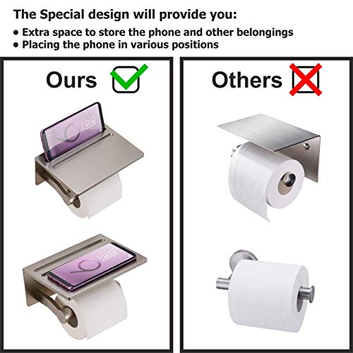 Toilet Paper Holder with Shelf, Aluminum Tissue Roll Holder with Mobile Phone Storage Shelf for Modern Bathroom, 3M Self Adhesive No Drilling or Wall-Mounted with Screws, Brushed Nickel - color: Brushed Nickel