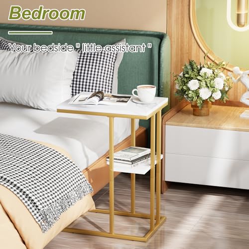 C Shaped End Side Table, Couch Sofa Table for Bed, Gold Snack Table with Metal Frame, TV Tray Table for Small Space, Living Room, Bedroom, Bedside(White Marble) - color: White Marble+gold