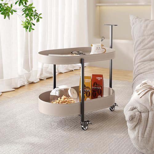 Guyii 2 Tiers Storage Rolling Cart 360 Rotating Side Table Modern End Table Living Room Table with Wheels Easy to Move for Living Room Bedroom Kichen Bathroom Pu Leather - color: Beige