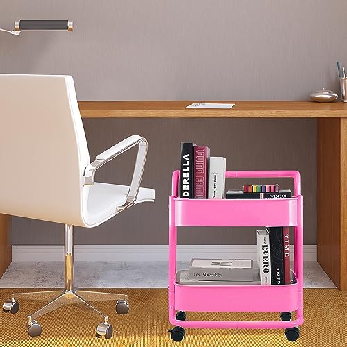 Melody House 2-Tier Metal Mesh Rolling Cart Storage Organizer with Utility Handle and Wheels, Multi-Functional Storage Trolley for Office Living Room Kitchen, Pink