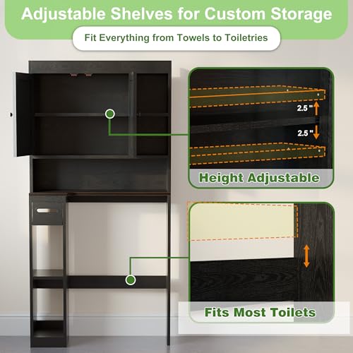 Over The Toilet Storage Cabinet with 7 Shelves, Imitation Walnut Grain Above Toilet Bathroom Organizer with Toilet Paper Holder Stand, Space Saver for Restroom, Laundry, Bathroom (Black) - color: Black