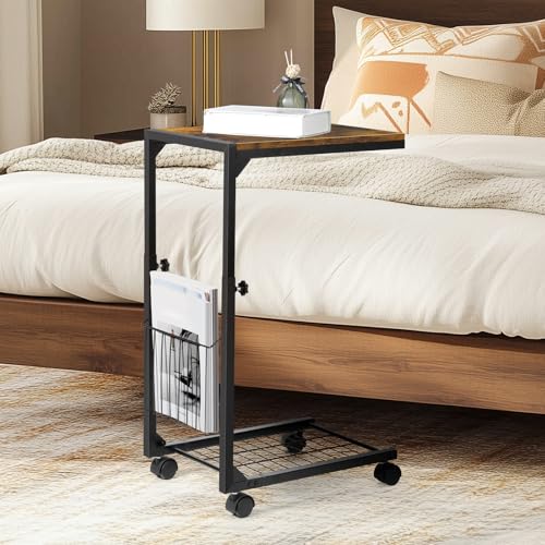 C Shaped Side Table Small End Table with Wheels Slide Under Couch Table for Sofa C Table with Metal Frame Adjustable Height Sofa Table for Living Room Bedroom Small Space, Rustic Brown - color: Rustic Brown