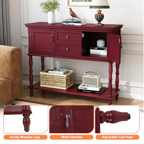ARTPOWER Console Table with 2 Drawers, Retro Entryway Table with 2 Door Cabinets and Open Storage Shelf, Narrow Long Behind Couch Sofa Table for Living Room, Foyer, Hallway, Red - color: Red