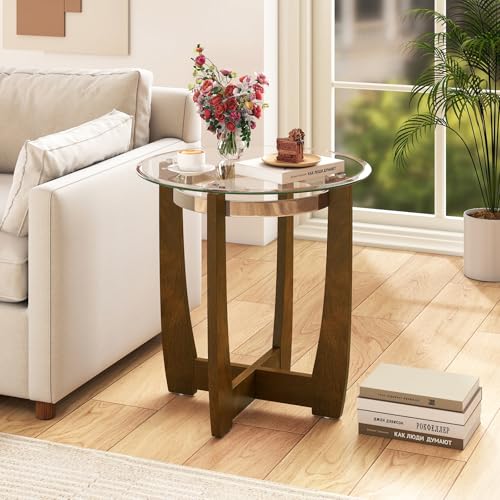 Giantex Round Glass End Table Set of 2, 24’’ Side Table with Tempered Glass Top, Nightstands with Cross & Solid Rubber Wood Base, Compact Bedside Night Stand for Bedroom Office Living Room (2, Walnut) - color: Walnut