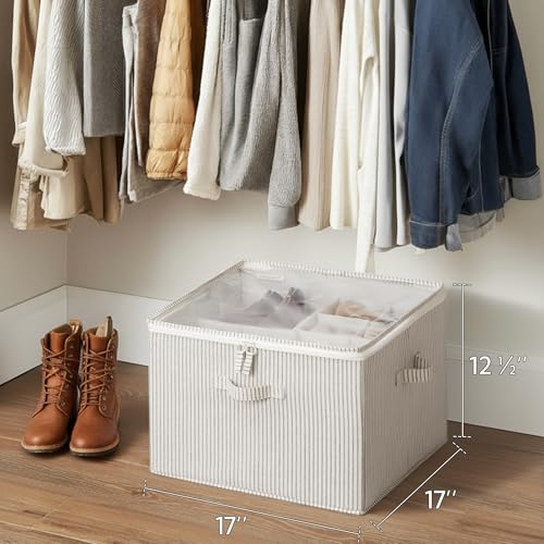 StorageWorks Shoe Organizer for Closet, Fits up to 16 Pairs, Shoe Cubby Storage Containers with Adjustable Dividers and Clear Cover, Khaki and Beige Stripes | Adjustable Dividers, Holds up to 16 Pairs, Foldable, Clear Lid, Soft Handles, Fits Sneakers, San