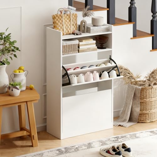 Giantex Shoe Cabinet with 2 Flip Drawers, Freestanding Narrow Shoe Organizer Cabinet with 2 Open Shelves, Slim Shoe Storage Cabinet for Entryway, Hallway, Foyer, White