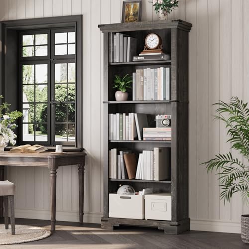 5-Tier Farmhouse Bookshelf, 61.1 inch Tall Bookcase with Storage & Unique Design & One Adjustable Shelf, Wooden Bookshelf for Study Room, Living Room, Home Office, Bedroom (Black) - color: Black