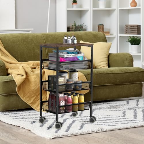 Kitchen Cart with Drawers, 4-Tier Rolling Cart with Wood Tabletop, Lockable Wheels Utility Storage Cart, Vegetable Organizer for Kitchen, Serving Cart with Mesh Basket, Industrial Brown