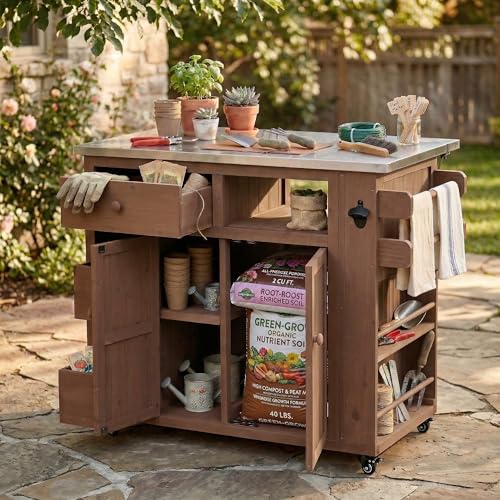 Outdoor Solid Wood Kitchen Island with Storage, 28" Extendable Stainless Steel Top Grill Cart, Rolling BBQ Prep Station with Drawers, Spice Rack, Towel Rack for Backyard, Patio, Camping - color: Brown