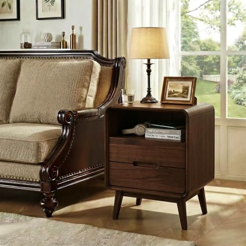 Walnut Nightstand Solid Wood Night Stand, Dark Wood Nightstands with 2 Drawers & Open Shelf, Mid Century Modern Nightstand, Wooden Bedside Table for Bedroom(Dark Black Walnut,23.23" H) - color: Dark Walnut, style: 2 Drawer & Open Storage-1