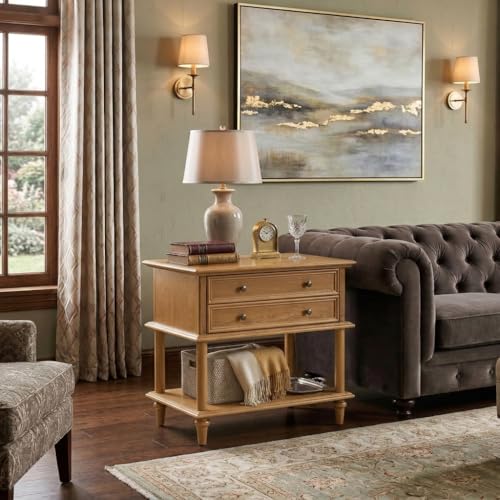 HULALA HOME Farmhouse Nightstand with Drawer & Open Shelf, Natural Wood End Table with Solid Wood Legs, 28.4'' Wide Sofa Side Table with Charging Station(Oak) - color: Oak
