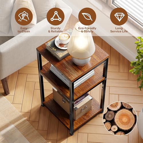 Ekisemio 3-Tier Side Table – End Table Nightstand for Small Spaces & Living Room, Rustic Brown