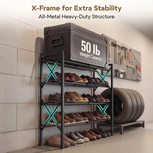 YEASHEIN 4-Tier Expandable Shoe Rack Organizer with Wire Mesh Shelves, Sturdy Metal Shoe Shelf with 5-Tier Storage, adjustable Shoe Stand, Free Standing Shoe Rack for Closet, Entryway, Garage - Black - size: 4 Tier