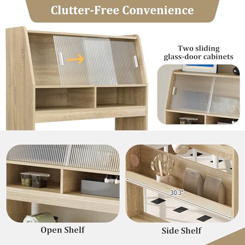 Spaco 2-in-1 Folding Dining Table and Buffet Cabinet Set,Compact Pull-Out Kitchen Table with Wheels,Storage Shelf and Side Hooks,Multifunctional Cupboard for Small Place (Oak) - color: Oak