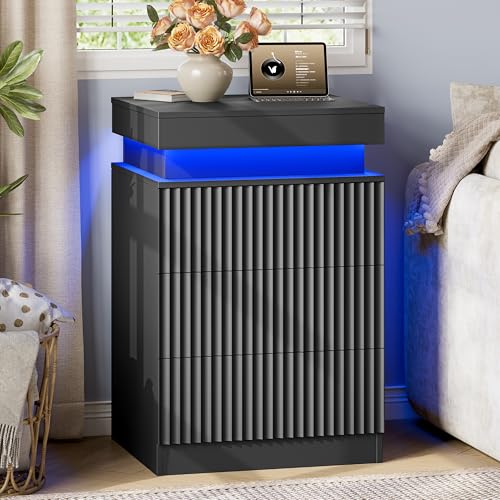 Xixini Nightstand with Charging Station and RGB LED Lights, Fluted 3-Drawer Bedside Table with Sliding Top, Wooden End Table for Bedroom, Living Room, Black - color: Black