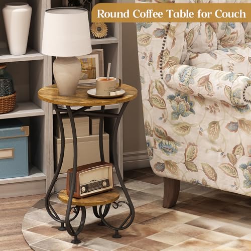 X-cosrack Small Round Side Table with Lower Shelf for Small Spaces, Compact End Table for Sofa, Bedside Nightstand, Coffee & Drink Table for Living Room, Bedroom, Balcony - color: Rustic Spliced Wood