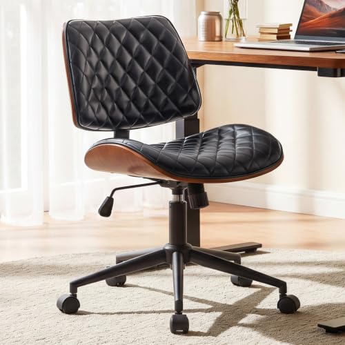 Furnimart Armless Small Desk Chair with Wheels, 360° Swivel Faux Leather Vanity Chair for Bedroom, Compact Home Office Task Chair for Small Spaces, Heavy-Duty Wood Frame(PU Black) - color: Faux Leather-black