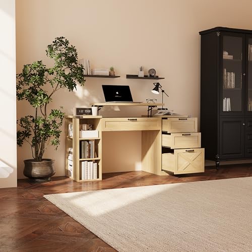 Farmhouse Lift Top Desk: Rustic Wood Standing Desk with 3 Drawers & Open Storage Shelves, Adjustable Height, White & Brown Home Office Computer Desk for Work, Study, Writing (Natural Oak) - color: Natural Oak
