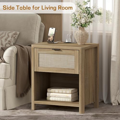 Boho Nightstand with Charging Station, Large Bedside Table with Drawer & Open Storage Shelf, Mid-Century Modern End Table Rattan-Look Drawer, Accent Side Table with Rounded Corners for Bedroom - size: 23.6"D x 22"W x 15.74"H(1-Drawer)