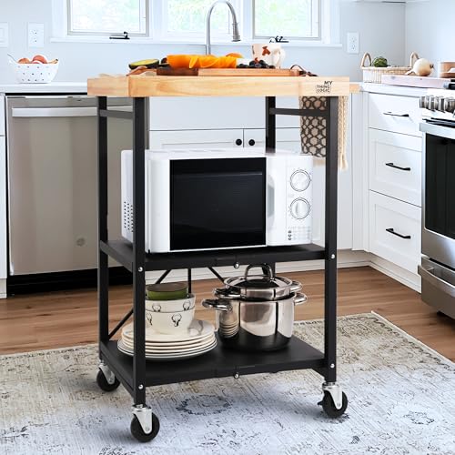 Mythinglogic Foldable Kitchen Storage Cart, 3-Tier Rolling Cart with Solid Oak Top, Heavy-Duty Metal Utility Rack for Microwave, Pots, Dish Set, Meal Prep Area, Kitchen Island on Lockable Wheels - size: 25.39"D x 19.6"W x 35.82"H