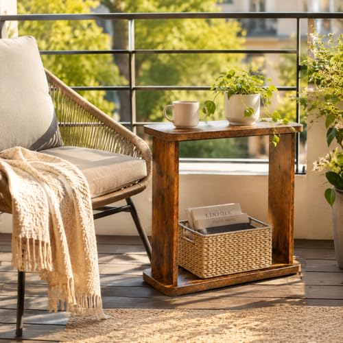 Narrow Side Table for Small Spaces, 7.9" Slim End Table with 2-Tier Open Storage Shelf, Modern Skinny Wood Sofa Table for Living Room, Bedroom, Nightstand, Couch (Rustic Brown) - color: Rustic Brown