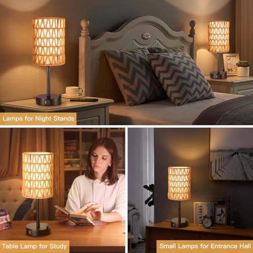 Rattan Table Lamps for Living Room, 3 Way Dimmable Touch Lamps, Small Bedside Lamps with LED Bulbs, Phone Stand, USB Ports and AC Outlet, Boho Nightstand Lamp for Kids Room, Bedroom, Office (2 Pack) - size: 2 Pack Rattan