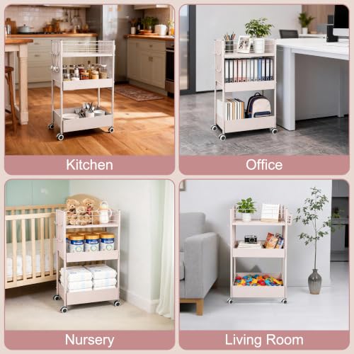 3 Tier Rolling Storage Cart Metal Utility Cart with Wheels | Office Organizer with Hooks & Hanging Cups, Mobile Shelving Unit for Kitchen Nursery Craft Snack Book - color: Blush Pink