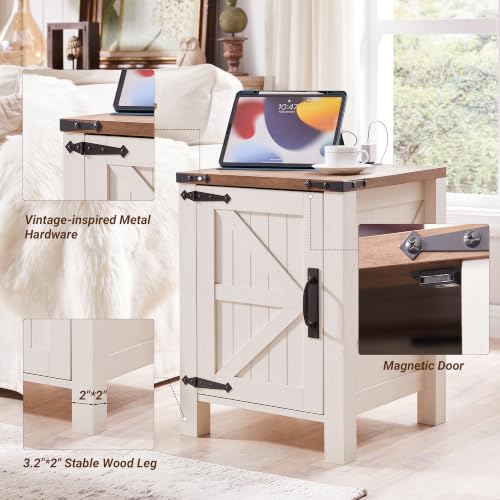 OKD 18" Farmhouse End Table Set of 2, Antique White | Rustic Nightstand, Charging Station, Barn Door, Adjustable Storage Shelf, Wood Sofa Side Table, Living Room, Bedroom - color: Antique White