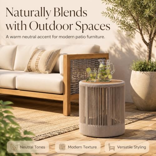 IRONORA Outdoor Rattan Rope & Acacia Wood Side Table - Patio Balcony Furniture for Garden, Yard, Balcony - Weather Resistant - color: 15-inches Beige