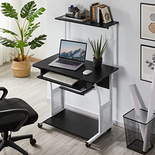 Topeakmart Compact Rolling Computer Cart with Keyboard Tray & Shelf, Black | Space-saving footprint, printer shelf, keyboard tray, smooth-rolling wheels, lightweight steel frame, for dorm, bedroom. - color: Black
