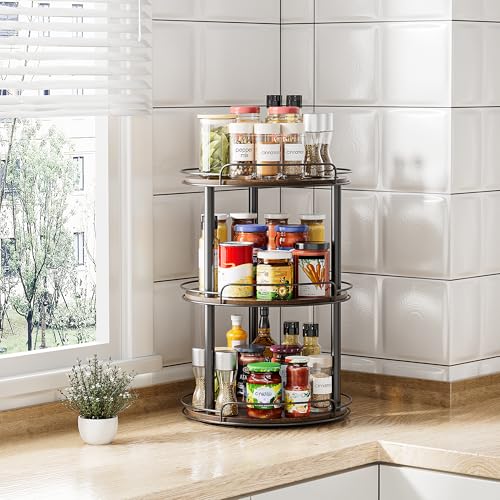 LAMU 10'' Wood Lazy Susan Turntable Organizer for Cabinet, 3 Tier Lazy Susan Spice Rack Organizer for Kitchen, Wood Turntable for Table Top, Countertop, Pantry, Bathroom - size: 10 inches 3 Tier