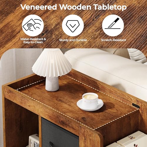 Yaheetech Narrow Side Table with Storage, Wooden Rolling Nightstand Bedside Table with Wheels, Magazine Racks and Open Shelves, End Table with Drawers for Living Room Bedroom, Rustic Brown - color: Rustic Brown