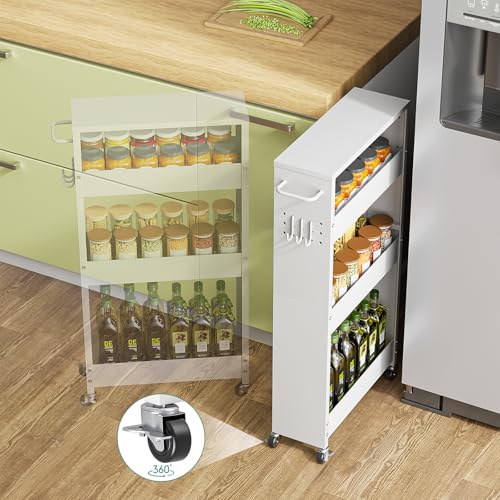 XYZLVSI Slim Storage Cart, Narrow Kitchen Rolling Cart for Small Spaces | 5.9" W skinny storage cart, 12.4" bottom metal utility cart with 360° swivel wheels for bathroom/laundry, slim shelf, white - size: 5.9IN-White
