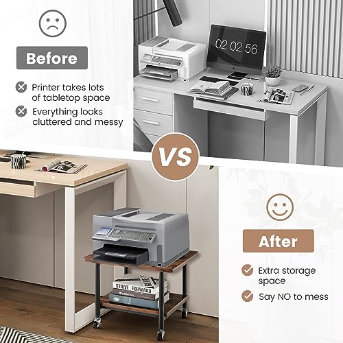 Tangkula 2-Tier Printer Stand, Under Desk Rolling Printer Cart with 2 Storage Shelves, Mobile Machine Stand Printer Tables for Small Spaces - color: Rustic Brown