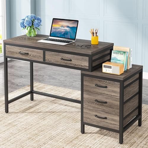Tribesigns Computer Desk with 5 Drawers, Home Office Desks with Reversible Drawer Cabinet Printer Stand, Industrial PC Desk with Storage, Grey Study Writing Table Workstation for Small Spaces - color: Grey