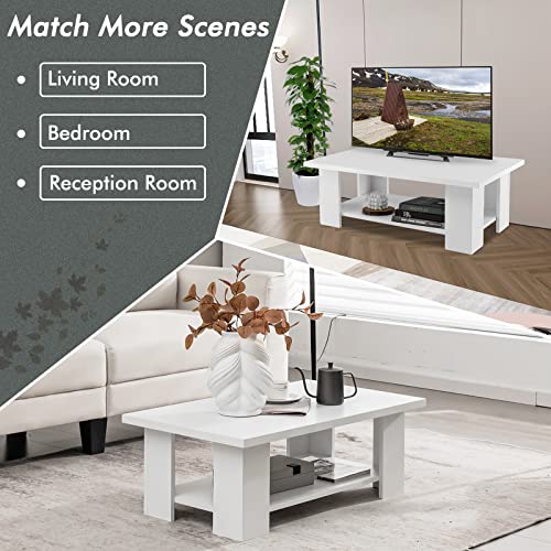 Tangkula 2-Tier Coffee Table, Modern Rectangular Center Cocktail Table with 5 Support Legs, Wooden Accent Living Room Furniture, Small Coffee Table for Small Spaces, Easy Assembly (White) - color: White