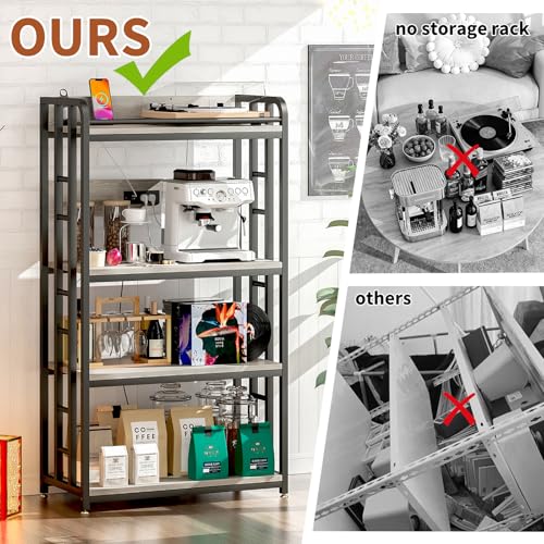 METYERRY Adjustable 4-Tier Heavy Duty Kitchen Baker's Rack with Power Outlet, with Industrial Wheels, Free Standing Microwave Oven Cart Stand for Storage in Living Room, Garage, Greige - color: Greige