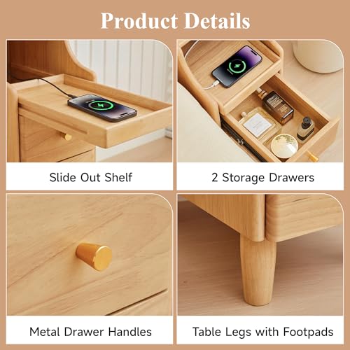 Solid Wood Narrow Nightstand, Slim Bedside Table with 2 Drawers & Slide-Out Tray, Mid-Century Modern End Table Side Table for Bedroom, Living Room, Small Spaces (Natural-2 Packs) - color: Natural-2 Packs