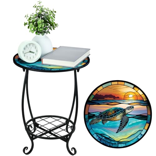 Cinnvoice Outdoor Side Table Round Small Mosaic Patio Accent Indoor End Plant Coffee Tea Table for Yard Patio Porch Garden Living Room, Bedroom(Turtle Style,16 Inch) - size: 16 Inch, style: Turtle Style