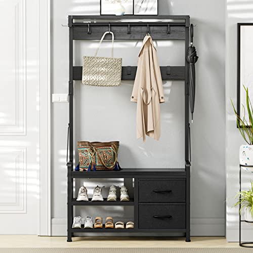 Lulive Hall Tree with Bench and Shoe Storage, 31.5” Coat Rack Freestanding | Black, 5 in 1 Intelligent Design, 17 Hooks, 2 Drawers, Handy Clothes Rail - color: Black, size: 11.8"D x 31.5"W x 70.9"H