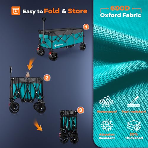 Originsure 300L Foldable Beach Wagon Cart with Big Wheels,560lbs,Turquoise | 48" Folding Utility Wagon,7" All-Terrain Wheels,Heavy Duty Frame,Compact&Space-Saving,for Camping,Sports,Grocery,Garden - color: Grey&turquoise