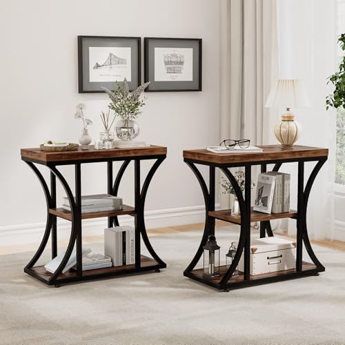 3 Tier End Table with Storage, Narrow End Table for Living Room and Bedroom, Small Space Wood and Metal Side Table, Rustic Brown - color: Rustic Brown