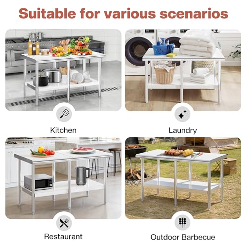 Jocisland 30" x 60" Stainless Steel Table for Prep & Work, Food-Grade Stainless Steel Adjustable Under Shelf and Feet, for Commercial Kitchen, Restaurant, Hotel, Garage - size: 30x60 in, style: Rounded Table Corner