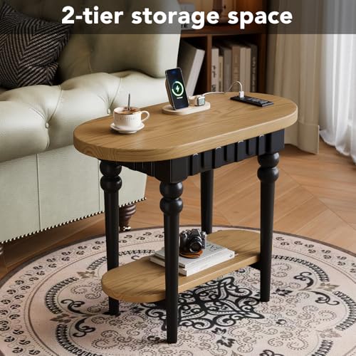 Oval End Table with Charging Station, 2-Tier Natural Wood Side Table with USB Ports & Power Outlets, for Living Room, Sofa, or Nightstand in Bedroom